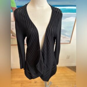 EILEEN FISHER Black Felt Ladder Italian Asymmetrical Hem Wool Cardigan, Sz L